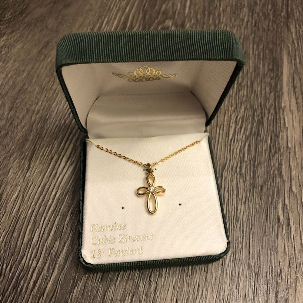 Cross Necklace 18" Pendant Gold Cubic Zirconia